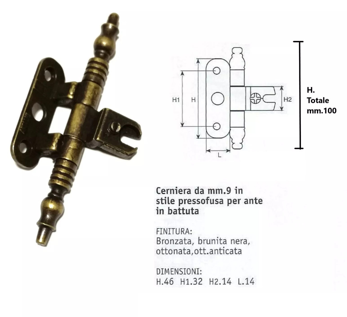 Cerniera Bronzata Anticata Cerniere per Mobili Antichi per Ante in Battuta Arte Povera stile barocco completa di basetta, Finitura Bronzo Anticato A0114-30