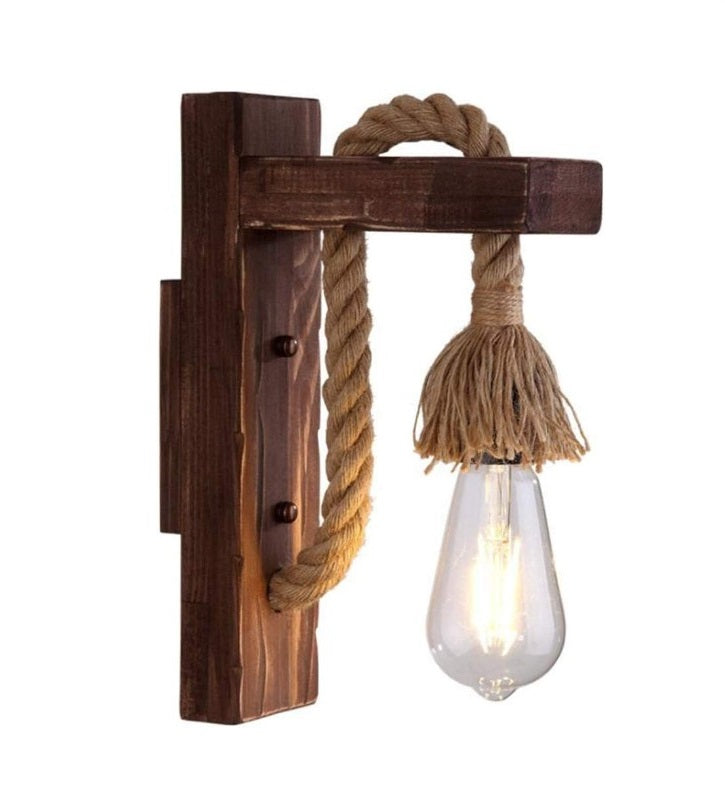 Applique da interno lampada da parete in legno e corda di canapa stile classico