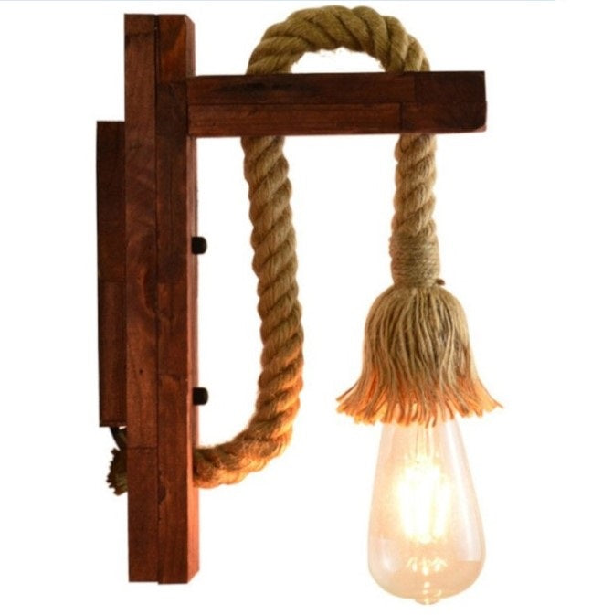 Applique da interno lampada da parete in legno e corda di canapa stile classico