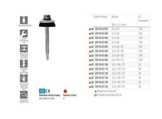 Confezione 100 Pezzi Vite Testa Esagonale con falsa Rondella Autoperforante Zincata con guarnizione ad ombrello in EPDM