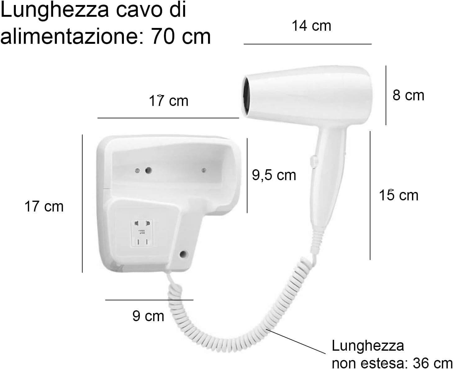 Asciugacapelli 1200W da parete per casa Albergo Hotel B&B - puntoluceled