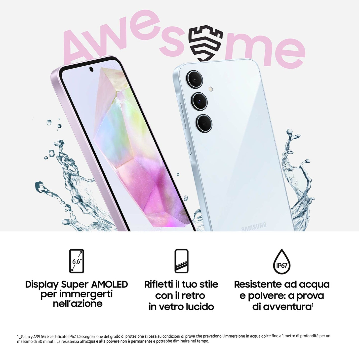 Samsung Galaxy A35 5G Display FHD+ Super AMOLED 6.6”, Android 14, 8GB RAM, 256GB, Dual SIM, Batteria 5.000 mAh, Awesome Iceblue - puntoluceled