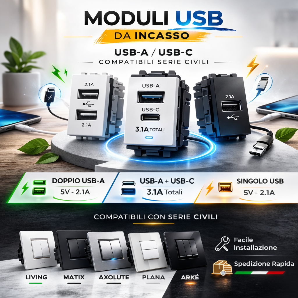 Moduli USB da Incasso – USB-A / USB-C (Compatibili Serie Civili)