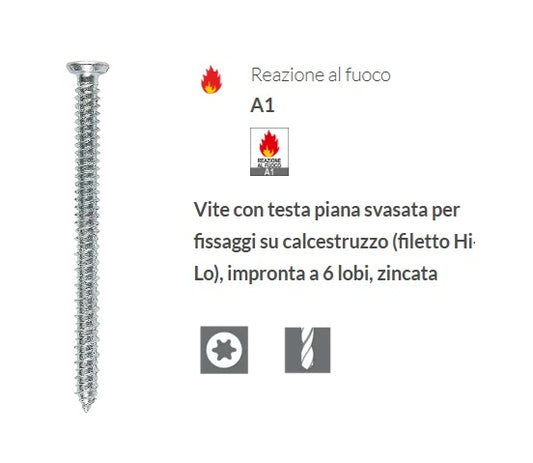 [100 Pezzi] Viti Turbovite Torx Tox calcestruzzo (6 lobi) acciaio zincato diametro Ø 7,5 mm Professionale, Vite testa piana svasata ancoraggio diretto senza tassello – filetto Hi-Lo –