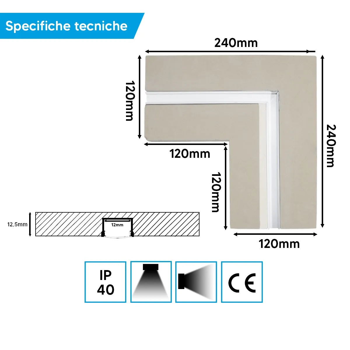 Giunto cartongesso 12,5mm profilo in alluminio Striscia Led struttura incasso e montaggio