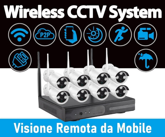 Kit Videosorveglianza IP Wireless WiFi 8 Canali con NVR 8 Telecamere Bullet 2MP Full HD IR-Cut IP66 Visione Notturna Accesso Remoto