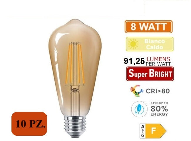 LAMPADINA LED E27 8W BULB A FILAMENTO AMBRATA BIANCO CALDO 2600K