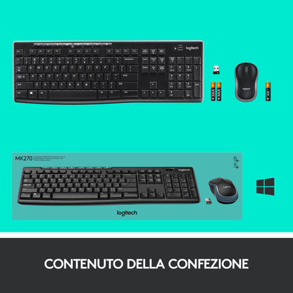 Logitech MK270 Combo Tastiera e Mouse Wireless per Windows, 2,4 GHz Wireless, Mouse Compatto, 8 Tasti Multimediali e di Scelta Rapida, Durata della Batteria 2 anni, per PC, Laptop