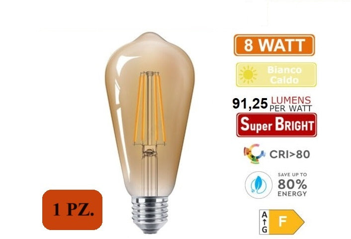 LAMPADINA LED E27 8W BULB A FILAMENTO AMBRATA BIANCO CALDO 2600K