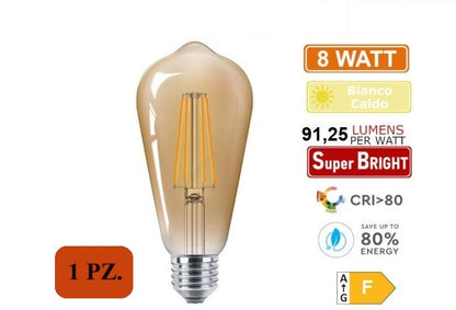 LAMPADINA LED E27 8W BULB A FILAMENTO AMBRATA BIANCO CALDO 2600K