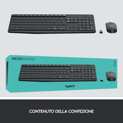 Logitech MK235 Combo Tastiera e Mouse Wireless per Windows, Ricevitore Unifying USB 2,4 GHz Wireless, 15 Tasti FN, Lunga Durata della Batteria, Compatibile con PC, Laptop