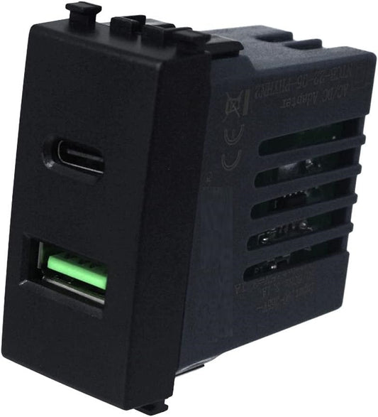 Modulo Caricatore USB 2 Porte A + C 3,1A Nero Compatibile con Vimar Arke