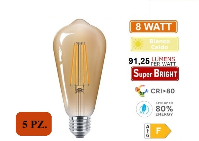 LAMPADINA LED E27 8W BULB A FILAMENTO AMBRATA BIANCO CALDO 2600K