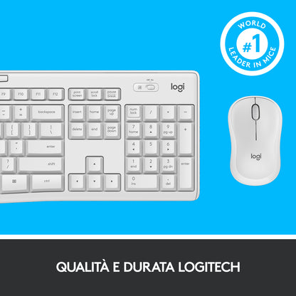 Logitech MK295 Kit Mouse e Tastiera Wireless – Tecnologia SilentTouch, Tastierino Numerico, Tasti Scelta Rapida, Tracciamento Ottico Avanzato, Ricevitore USB Nano, Senza Lag, Meno 90% di Rumore. Bianco