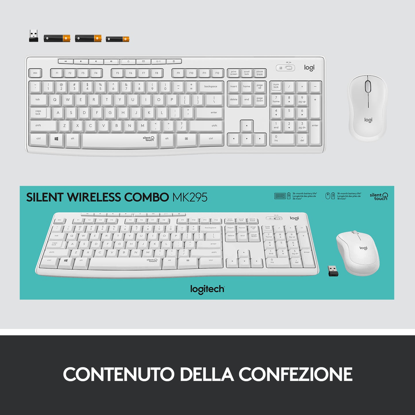 Logitech MK295 Kit Mouse e Tastiera Wireless – Tecnologia SilentTouch, Tastierino Numerico, Tasti Scelta Rapida, Tracciamento Ottico Avanzato, Ricevitore USB Nano, Senza Lag, Meno 90% di Rumore. Bianco