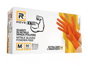 RMove 1Conf. da 50pz Tg.M 8.5gr da Lavoro - Guanti Nitrile Arancione Senza Polvere Full Grip