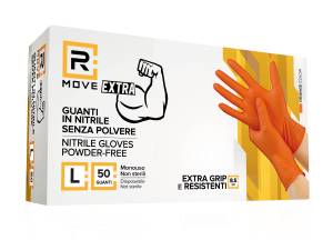 RMove 1Conf. da 50pz Tg.L 8.5gr da Lavoro - Guanti Nitrile Arancione Senza Polvere Full Grip