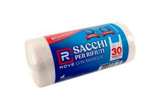 Sacchi Rifiuti 40x42 cm con Maniglie – Trasparenti, Super Resistenti, Rotolo 30 Pezzi