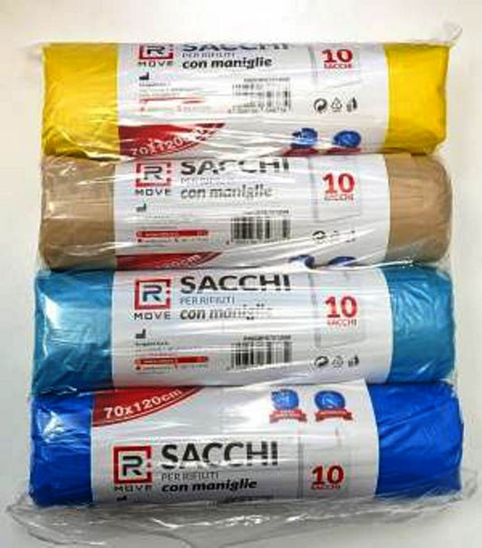 Sacchi Rifiuti 70x120 cm Colori Assortiti – 4 Rotoli da 10 (Tot. 40) | Sacchi Spazzatura Extra Large