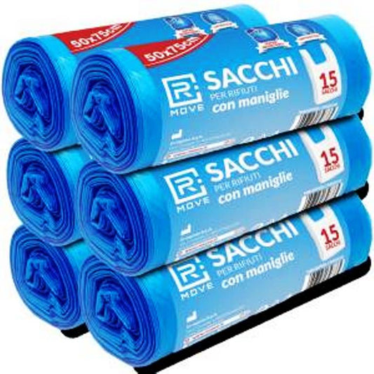 Sacchi Rifiuti Blu 50x75 cm con Maniglie – 6 Rotoli da 15 Sacchi (Tot. 90) | Sacchi Immondizia a Rotolo