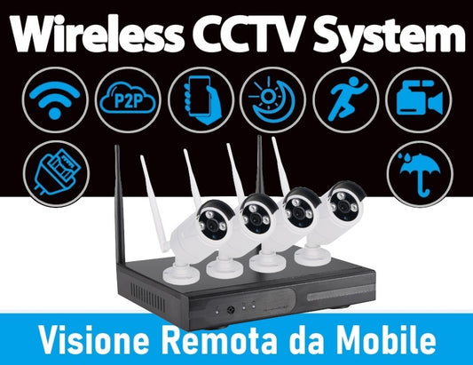 Kit Videosorveglianza IP Wireless WiFi 4 Canali con NVR 4 Telecamere Bullet 2MP Full HD IR-Cut IP66 Visione Notturna Accesso Remoto