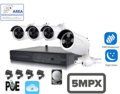 Kit Videosorveglianza IP POE NVR 8 Canali 4 Telecamere IP 5MPX Visione Notturna