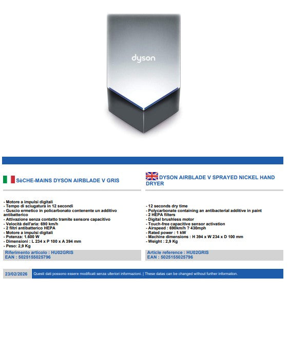 Dyson Airblade V HU02 Sprayed Nickel – Asciugamani Elettrico ad Aria da Parete