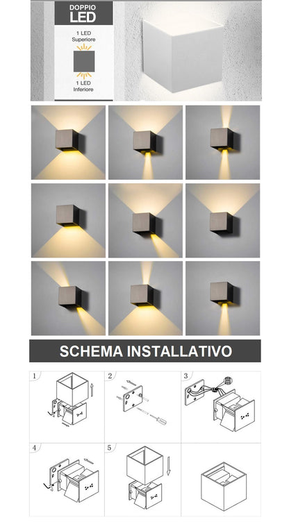 Applique Lampada a muro Nero Esterno doppio Led Cob 12W Fascio Luce Regolabile