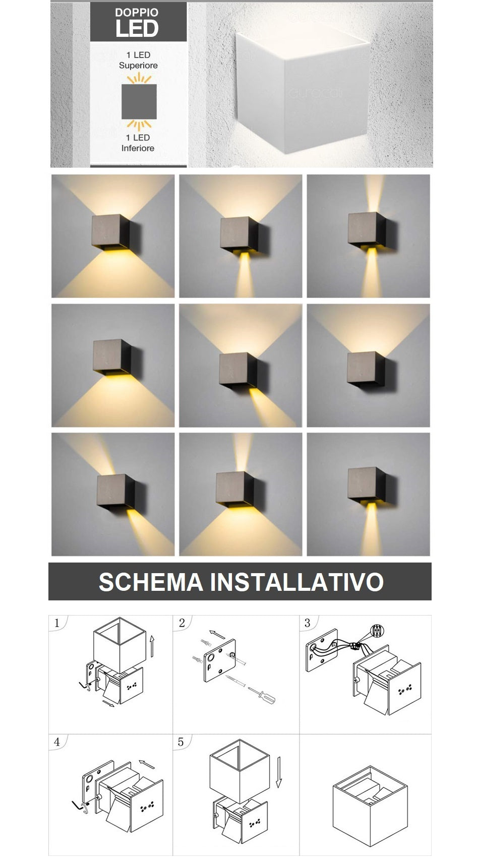 Applique Lampada a muro Bianco Esterno doppio Led Cob 12W Fascio Luce Regolabile