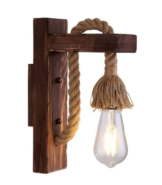 Applique da interno lampada da parete in legno e corda di canapa stile classico country - puntoluceled