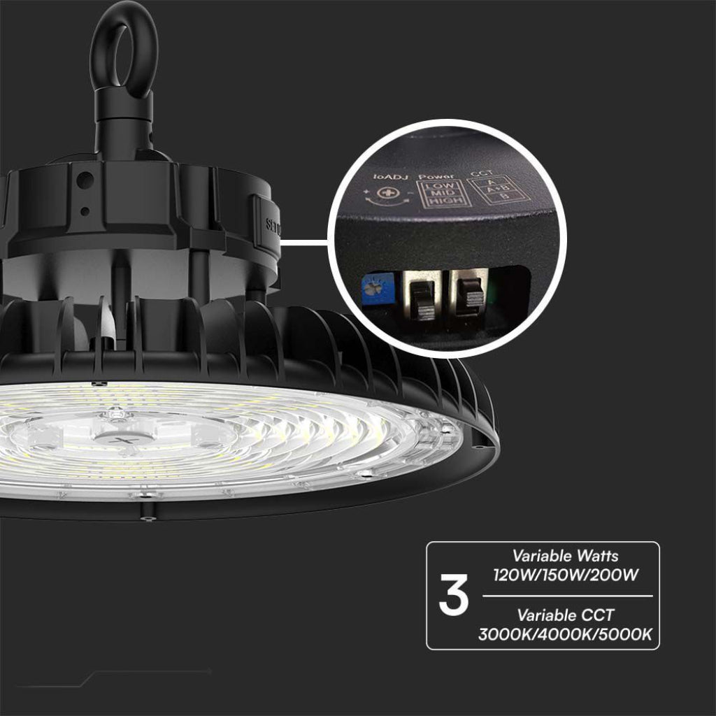 Campana LED SMD Industriale 200W 160LM/W UFO Colore Nero 120° IP65 Impermeabile Luce 3 in 1 Bianca Fredda Calda e Naturale - puntoluceled