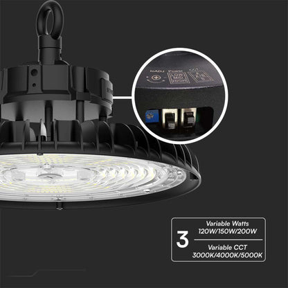 Campana LED SMD Industriale 200W 160LM/W UFO Colore Nero 120° IP65 Impermeabile Luce 3 in 1 Bianca Fredda Calda e Naturale