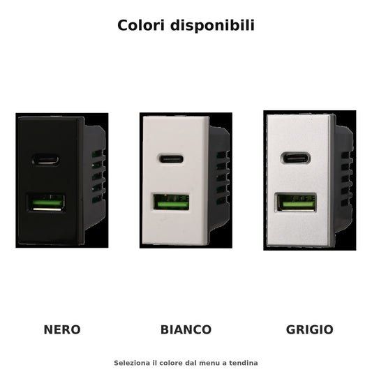 Modulo Presa Caricatore USB 2 Porte 3,1A (USB-A + USB-C) – Compatibile con BTicino Axolute | Bianco / Nero / Grigio