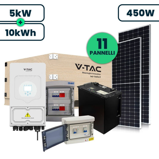 KIT completo Fotovoltaico Monofase 5kW con Batteria Accumulo LFP 10kWh, 11 Pannelli solari 450W Quadri AC + DC - puntoluceled
