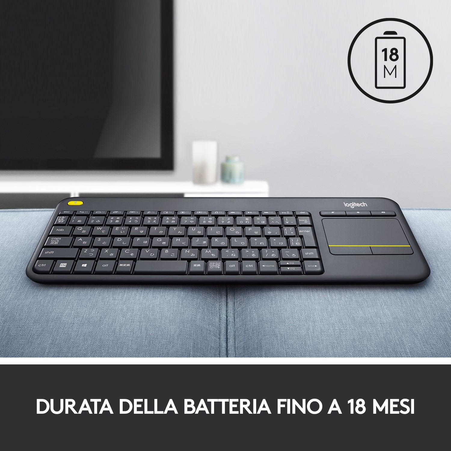 Logitech K400 Plus Tastiera Wireless Touch TV, Facili Controlli Multimediali e Touchpad Integrato, Tastiera HTPC per TV Collegata al PC, Windows, Android, Chrome OS, Laptop, Tablet - puntoluceled