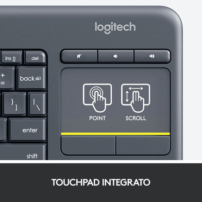 Logitech K400 Plus Tastiera Wireless Touch TV, Facili Controlli Multimediali e Touchpad Integrato, Tastiera HTPC per TV Collegata al PC, Windows, Android, Chrome OS, Laptop, Tablet - puntoluceled