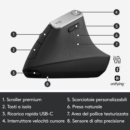 Logitech MX Vertical mouse Ufficio Mano destra RF senza fili + Bluetooth Ottico 4000 DPI - puntoluceled