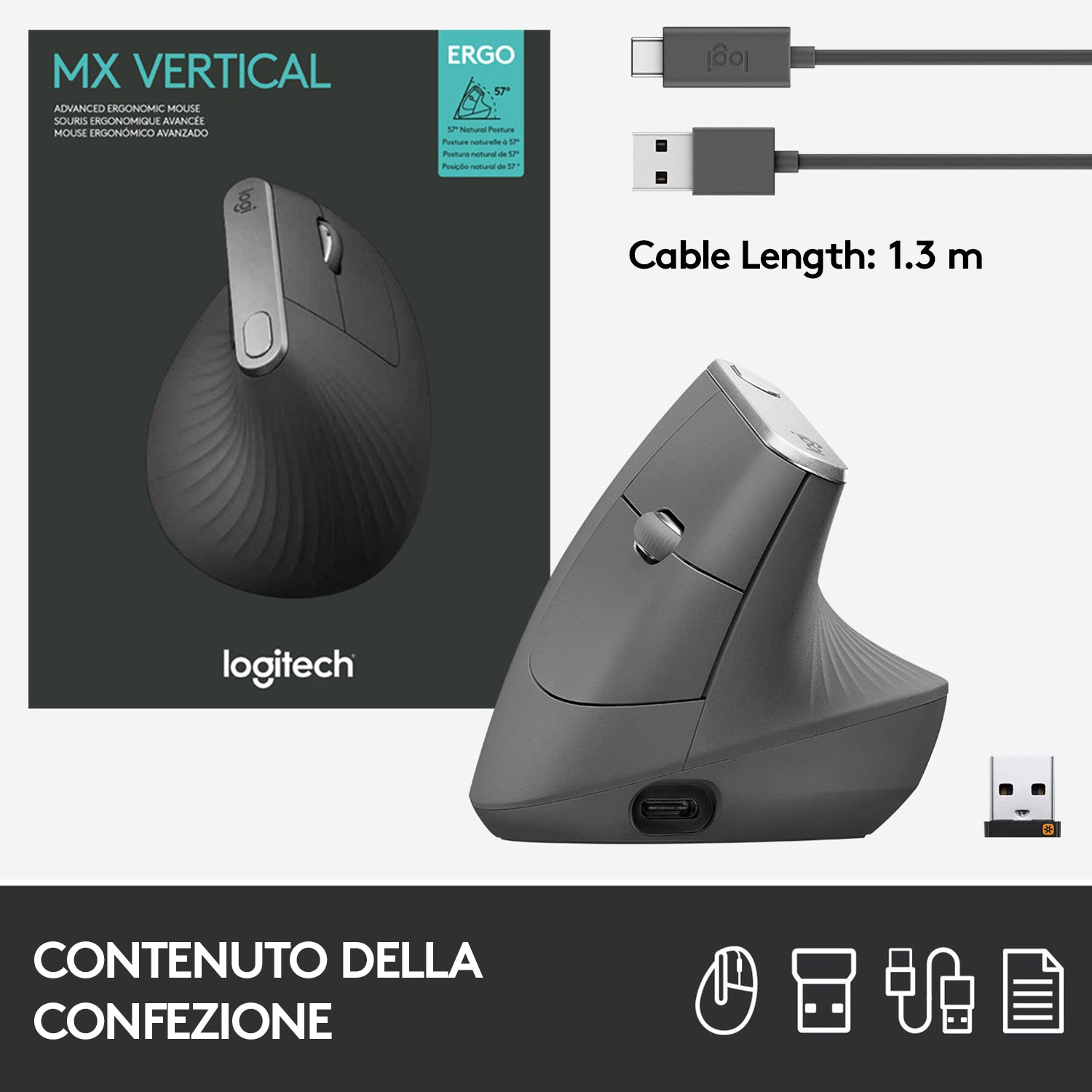 Logitech MX Vertical mouse Ufficio Mano destra RF senza fili + Bluetooth Ottico 4000 DPI - puntoluceled