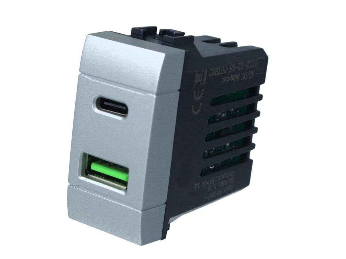 Modulo caricatore USB A + USB-C compatibile con BTicino Living Light e Living International - Modulo da incasso