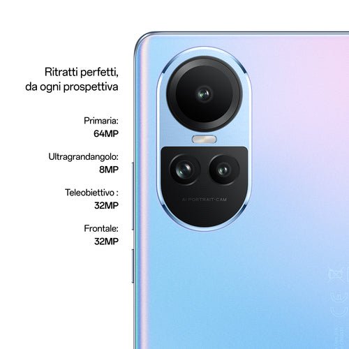 OPPO Reno RENO10 Smartphone 5G, AI Tripla fotocamera 64+32+8MP, Selfie 32MP, Display 6.7&#34; 120HZ AMOLED, 5000 mAh, RAM 8GB (Esp. fino 16GB) + ROM 256GB, [Versione Italia], Colore Ice Blue - puntoluceled