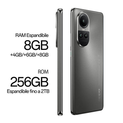 OPPO Reno RENO10 Smartphone 5G, AI Tripla fotocamera 64+32+8MP, Selfie 32MP, Display 6.7&#34; 120HZ AMOLED, 5000 mAh, RAM 8GB (Esp. fino 16GB) + ROM 256GB, [Versione Italia], Colore Silvery Grey - puntoluceled