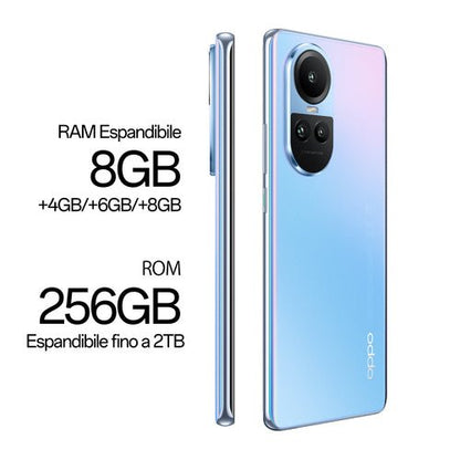 OPPO Reno RENO10 Smartphone 5G, AI Tripla fotocamera 64+32+8MP, Selfie 32MP, Display 6.7&#34; 120HZ AMOLED, 5000 mAh, RAM 8GB (Esp. fino 16GB) + ROM 256GB, [Versione Italia], Colore Ice Blue - puntoluceled