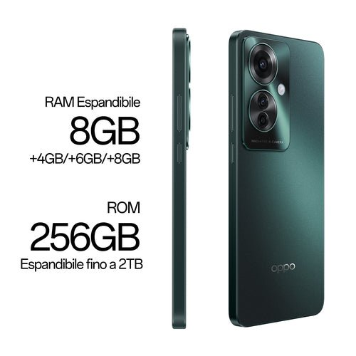 OPPO Reno Reno11 F 5G Smartphone, AI Tripla fotocamera 64+8+2MP, Selfie 32MP, Display 6.7” 120HZ AMOLED FHD+, 5000mAh, RAM 8(Esp4GB/6GB/8GB)+ROM 256GB (esp2TB), [Versione Italia], Palm Green - puntoluceled