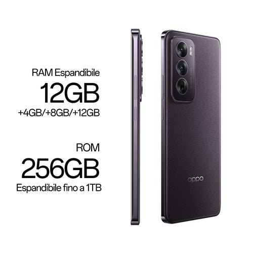 OPPO Reno12 5G AI Smartphone, Tripla fotocamera 50+8+2MP, Selfie 32MP, Display 6.7” 120HZ AMOLED FHD+, 5000mAh, RAM 24 GB (12+12) + ROM 256GB, [Versione Italia], Black Brown - puntoluceled