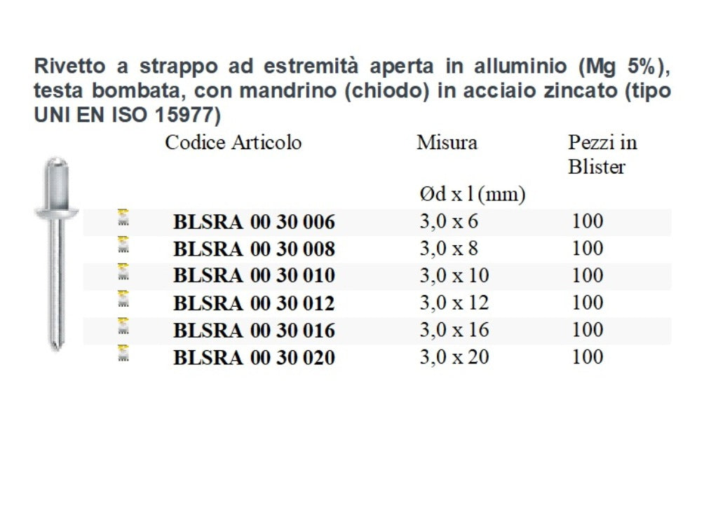 100 Pezzi Rivetti a strappo in alluminio mandrino acciaio zincato Diametro 3 mm