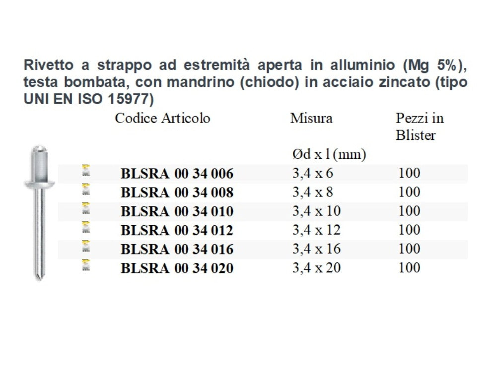 100 Pezzi Rivetti a strappo in alluminio mandrino acciaio zincato Diametro 3.4 mm