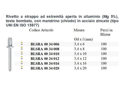 100 Pezzi Rivetti a strappo in alluminio mandrino acciaio zincato Diametro 3.4 mm