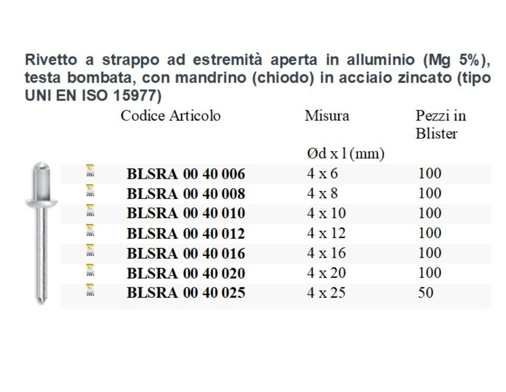 100 Pezzi Rivetti a strappo in alluminio mandrino acciaio zincato Diametro 4 mm