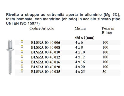 100 Pezzi Rivetti a strappo in alluminio mandrino acciaio zincato Diametro 4 mm