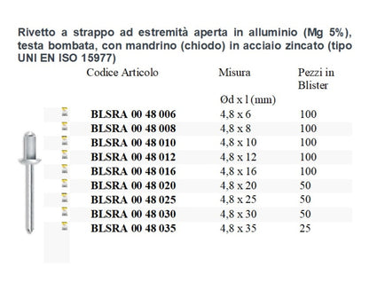 100 Pezzi Rivetti a strappo in alluminio mandrino acciaio zincato Diametro 4.8 mm